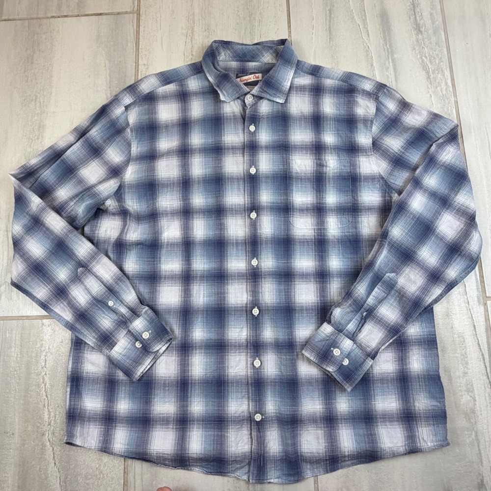 Johnnie-O Hangin Out Coby Plaid Shirt Mens XL Blue Wake JMWL7640 Oldfield Logo